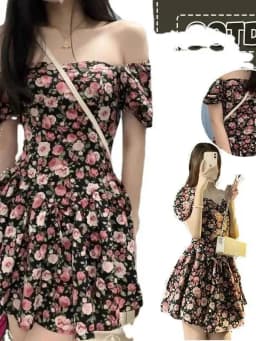 Preppy Wind Sweet Spicy Rose Fragmented Flower Dress For Women's Summer 2024 New French Puff Sleeve Short Skirt With Waist 6OA0