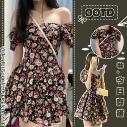 Preppy Wind Sweet Spicy Rose Fragmented Flower Dress For Women's Summer 2024 New French Puff Sleeve Short Skirt With Waist 6OA0