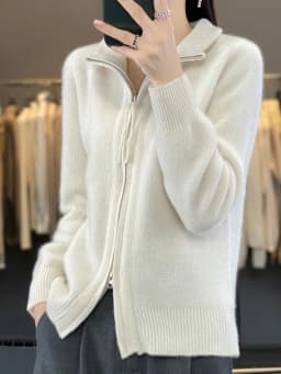 Women's 100% Merino Wool Knitting Sweater Turndown Collar Cardigan Autumn/Winter Thick Tops Cashmere Double Zipper Soft Jacket