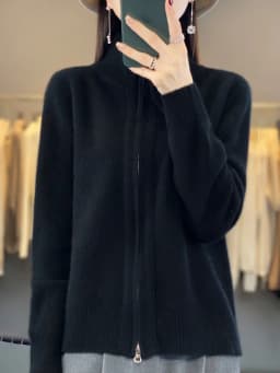Women's 100% Merino Wool Knitting Sweater Turndown Collar Cardigan Autumn/Winter Thick Tops Cashmere Double Zipper Soft Jacket