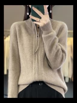 Women's 100% Merino Wool Knitting Sweater Turndown Collar Cardigan Autumn/Winter Thick Tops Cashmere Double Zipper Soft Jacket