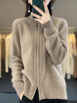 Women's 100% Merino Wool Knitting Sweater Turndown Collar Cardigan Autumn/Winter Thick Tops Cashmere Double Zipper Soft Jacket