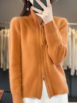 Women's 100% Merino Wool Knitting Sweater Turndown Collar Cardigan Autumn/Winter Thick Tops Cashmere Double Zipper Soft Jacket