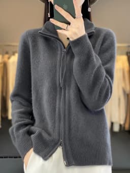 Women's 100% Merino Wool Knitting Sweater Turndown Collar Cardigan Autumn/Winter Thick Tops Cashmere Double Zipper Soft Jacket