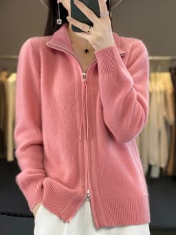 Women's 100% Merino Wool Knitting Sweater Turndown Collar Cardigan Autumn/Winter Thick Tops Cashmere Double Zipper Soft Jacket
