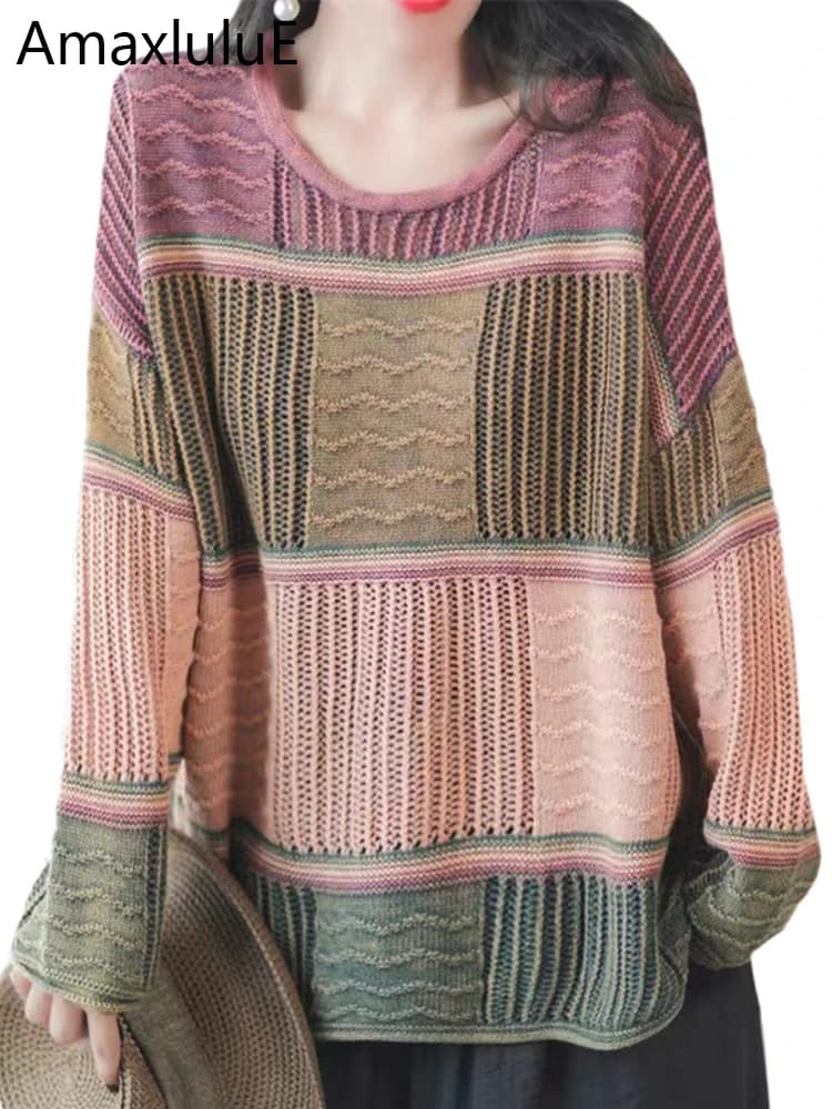 Amax LuluE 2025 Winter Luxury Knitted Pullover Womens Fashion Loose Striped Big Size Sweaters Ladies Casual Elegant Warm Jumpers