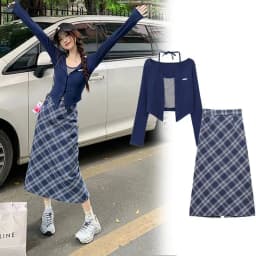 Spring and Autumn Korean New Fashion Academy Style Versatile Slim Fit Top Plaid+Half Skirt Two Piece Set