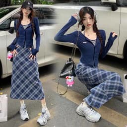 Spring and Autumn Korean New Fashion Academy Style Versatile Slim Fit Top Plaid+Half Skirt Two Piece Set