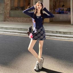 Spring and Autumn Korean New Fashion Academy Style Versatile Slim Fit Top Plaid+Half Skirt Two Piece Set