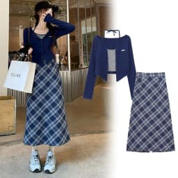 Spring and Autumn Korean New Fashion Academy Style Versatile Slim Fit Top Plaid+Half Skirt Two Piece Set