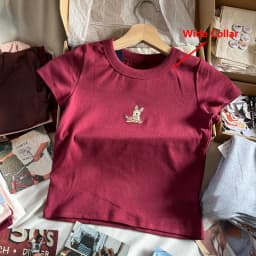 Little Deer Embroidery Pink T Shirt Women Cotton Round Neck Short Sleeve Tees Tops Female Vintage Cute Summer Slim Crop Top Y2k