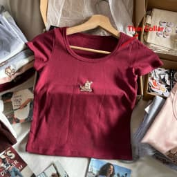 Little Deer Embroidery Pink T Shirt Women Cotton Round Neck Short Sleeve Tees Tops Female Vintage Cute Summer Slim Crop Top Y2k