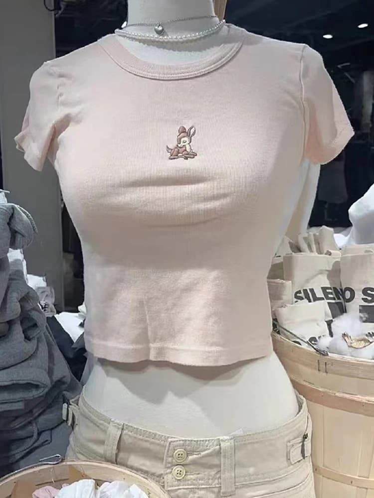 Little Deer Embroidery Pink T Shirt Women Cotton Round Neck Short Sleeve Tees Tops Female Vintage Cute Summer Slim Crop Top Y2k