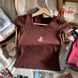 Little Deer Embroidery Pink T Shirt Women Cotton Round Neck Short Sleeve Tees Tops Female Vintage Cute Summer Slim Crop Top Y2k