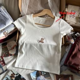 Little Deer Embroidery Pink T Shirt Women Cotton Round Neck Short Sleeve Tees Tops Female Vintage Cute Summer Slim Crop Top Y2k