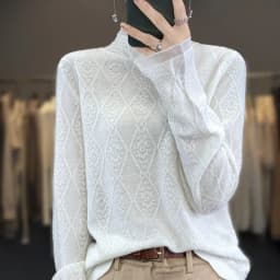 Women's Fine Wool Silk Sweater, Lace Half-High Collar, Lotus Leaf Sleeve Pullover, Bottoming Shirt, Knitting Tops Spring, Autumn