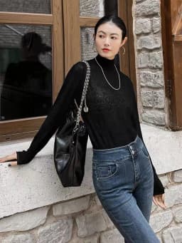 Women's Fine Wool Silk Sweater, Lace Half-High Collar, Lotus Leaf Sleeve Pullover, Bottoming Shirt, Knitting Tops Spring, Autumn