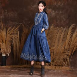 M-6xl Women Vintage Flower Embroidery Elastic Waist Middle Sleeve Long Casual Maxi Beach Dress Plus Size Vestido