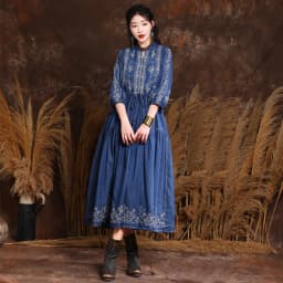M-6xl Women Vintage Flower Embroidery Elastic Waist Middle Sleeve Long Casual Maxi Beach Dress Plus Size Vestido