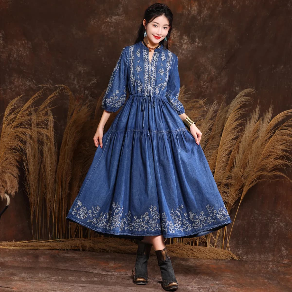 M-6xl Women Vintage Flower Embroidery Elastic Waist Middle Sleeve Long Casual Maxi Beach Dress Plus Size Vestido