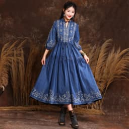 M-6xl Women Vintage Flower Embroidery Elastic Waist Middle Sleeve Long Casual Maxi Beach Dress Plus Size Vestido