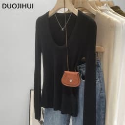 DUOJIHUI New Chic Neck Slim Knitting Autumn Female T-shirts Simple Casual Fashion Office Ladies Basic Solid Color Women T-shirts