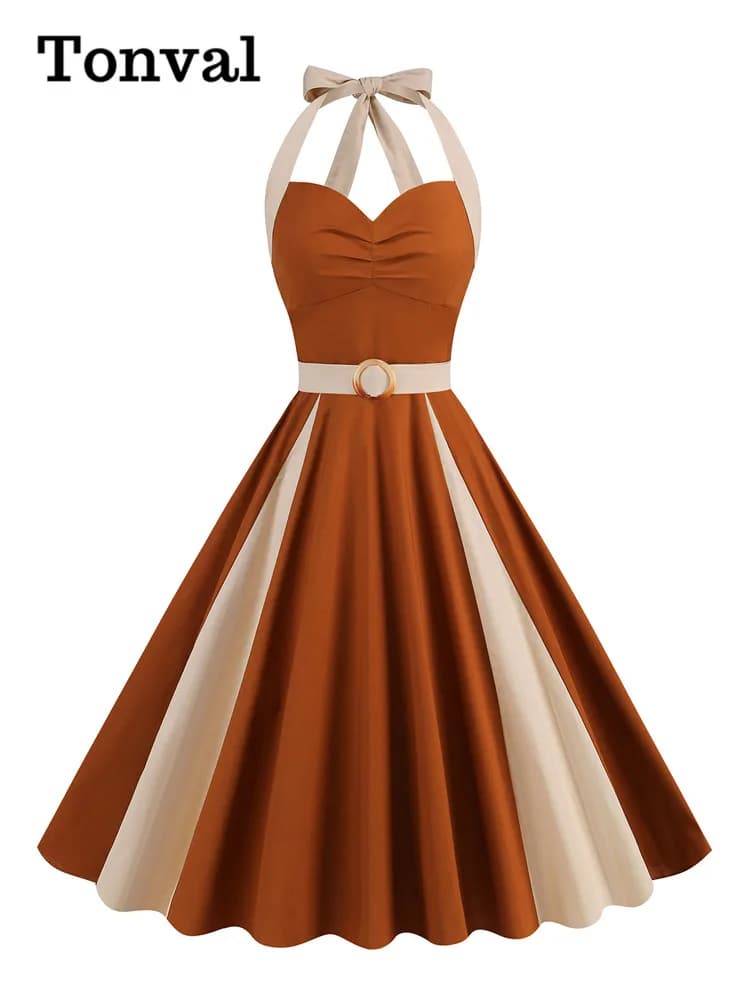 Tonval Brown and Beige Patchwork Vintage Cotton Dresses for Women Sweetheart Neck High Waist Backless Party Dresses