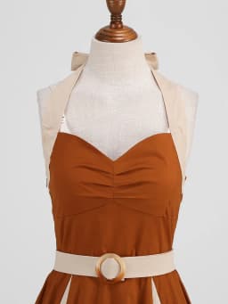 Tonval Brown and Beige Patchwork Vintage Cotton Dresses for Women Sweetheart Neck High Waist Backless Party Dresses