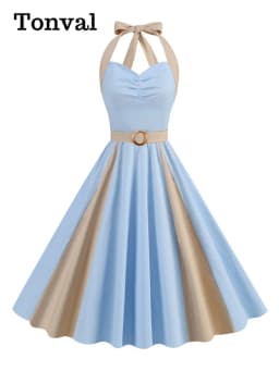 Tonval Brown and Beige Patchwork Vintage Cotton Dresses for Women Sweetheart Neck High Waist Backless Party Dresses
