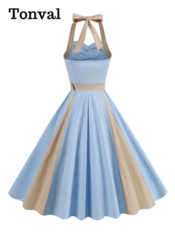 Tonval Brown and Beige Patchwork Vintage Cotton Dresses for Women Sweetheart Neck High Waist Backless Party Dresses