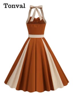 Tonval Brown and Beige Patchwork Vintage Cotton Dresses for Women Sweetheart Neck High Waist Backless Party Dresses