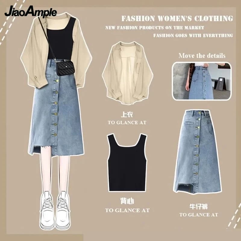 Women's Summer New In Matching Set 2026 Korean Elegant Chiffon Sunscreen Shirt+suspender+denim Skirt 3 Piece Female Dress Suit