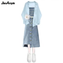 Women's Summer New In Matching Set 2026 Korean Elegant Chiffon Sunscreen Shirt+suspender+denim Skirt 3 Piece Female Dress Suit