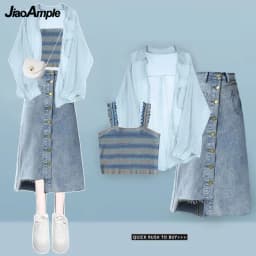 Women's Summer New In Matching Set 2026 Korean Elegant Chiffon Sunscreen Shirt+suspender+denim Skirt 3 Piece Female Dress Suit