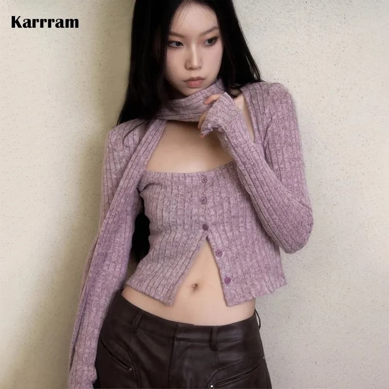 Karrram Japanese Y2k Short Cardigan With Scarf Korean Fashion Purple Knitwears Vintage Square Collar Crop Cardigans Aesthetics