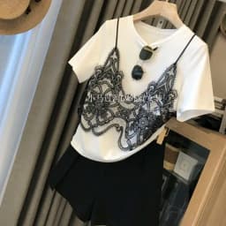 Korean Woman Tshirts Chic Fake Two Summer Tees Y2k Clothes Patchwotk Lace Sweet Fashion Casual T-Shirts for Women