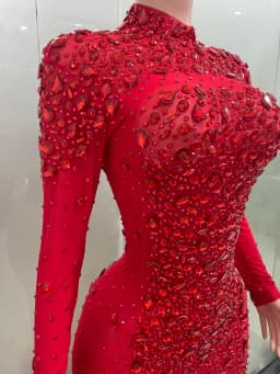 Luxury Sparkling Red Crystals Feathers Mermaid Long Sleeve Maxi Dress Women Formal Occasions Wedding Celebrate Party Prom Gown