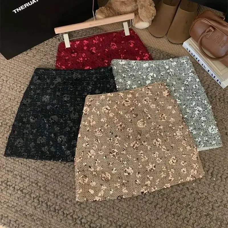 New Fashion Shiny Sequin Mini Skirt Women High Waist Slim Wrapped Hip Club Sexy Tweed Skirt Elgant Office Lady Woolen Faldas Y2k