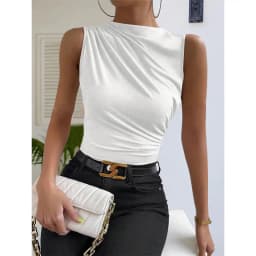 2025 Solid  Fashion Casual Mock Neck Ruched Tank Top for Women Summer Color Pleated Sleeveless Tee Shirt Tshirt Streetwear Y2K