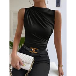 2025 Solid  Fashion Casual Mock Neck Ruched Tank Top for Women Summer Color Pleated Sleeveless Tee Shirt Tshirt Streetwear Y2K