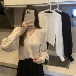Women Fashion V-neck Slim Single-breasted Chic Pleated Lantern Sleeve Sweater Jacket Cropped Cardigan White Cardigan Tops