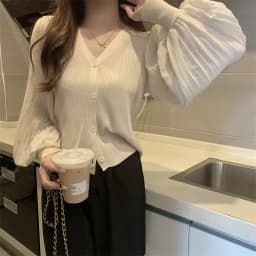 Women Fashion V-neck Slim Single-breasted Chic Pleated Lantern Sleeve Sweater Jacket Cropped Cardigan White Cardigan Tops