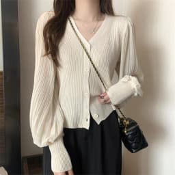 Women Fashion V-neck Slim Single-breasted Chic Pleated Lantern Sleeve Sweater Jacket Cropped Cardigan White Cardigan Tops