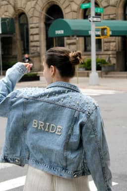 BRIDE Rhinestone and Pearl Denim Jacket Custom Mrs. Jean Jacket Wifey Denim Personalized Bridal Wedding Jacket Bride to Be Coats