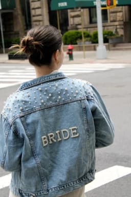 BRIDE Rhinestone and Pearl Denim Jacket Custom Mrs. Jean Jacket Wifey Denim Personalized Bridal Wedding Jacket Bride to Be Coats