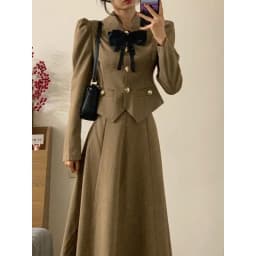 2023 New Fit Early Autumn French Vintage Bow Small Fragrant Coat Long Half Skirt Two Piece Set for Women