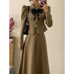 2023 New Fit Early Autumn French Vintage Bow Small Fragrant Coat Long Half Skirt Two Piece Set for Women