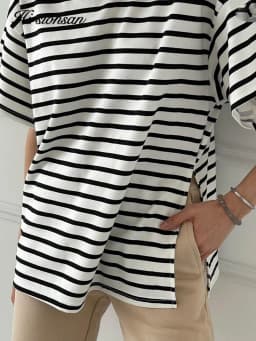 Hirsionsan Summer Oversized 100% Cotton T Shirt Women 2023 New Loose Striped Split Tees Casual Tshirt Basic Female Tops