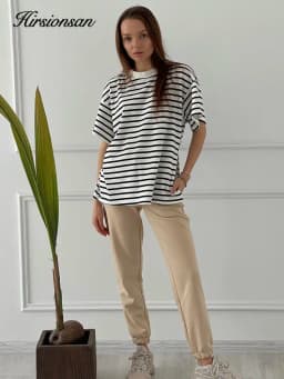 Hirsionsan Summer Oversized 100% Cotton T Shirt Women 2023 New Loose Striped Split Tees Casual Tshirt Basic Female Tops