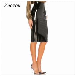 High Waist Latex Patent Leather PVC Midi Skirt Women Plus Size Elegant Slit Office Lady Pencil Skirt Pu Knee Length Skirt Custom